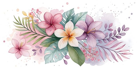 Obraz premium Beautiful watercolor floral arrangement with tropical leaves and blooms