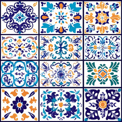 Decorative Azulejo Tiles Patterns Composition in Blue and Orange Artfully Designed Background Motifs