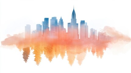 Fototapeta premium City skyline reflection in nature urban landscape digital art sunset glow aerial view serenity