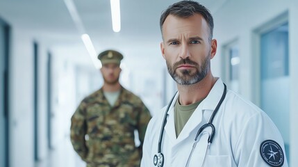 A doctor and soldier stand together in a hospital, representing healthcare collaboration and support during challenging times.