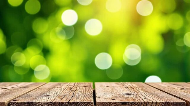 Green nature bokeh background with wooden table top, empty wood planks for design or presentation, spring and summer seasons