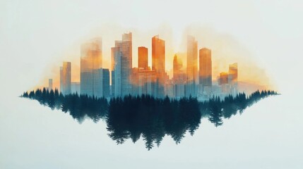 Obraz premium Urban sunrise city skyline and forest fusion modern landscape atmospheric view nature and architecture