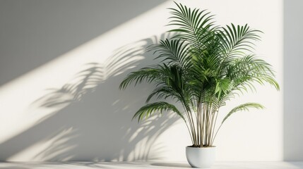 Obraz premium Sunlight illuminates parlor palm in minimalist room; interior design