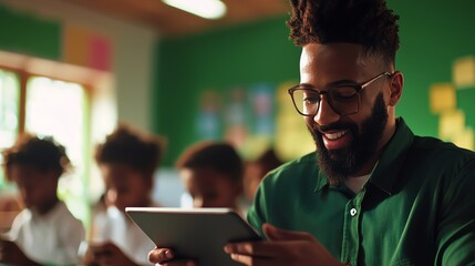 A joyful educator engages with students using a tablet in a vibrant classroom filled with learning and creativity.