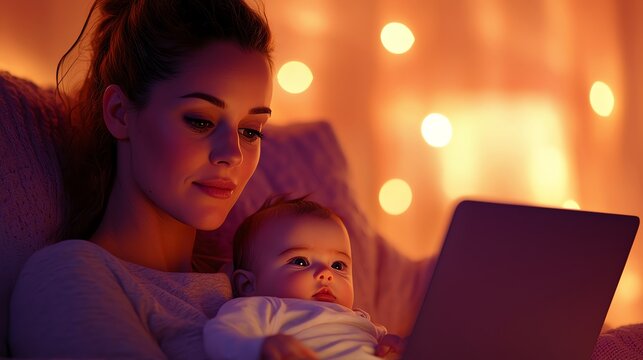 A mother looks at a laptop while holding her baby in a cozy, warmly lit room with soft glowing lights in the background.