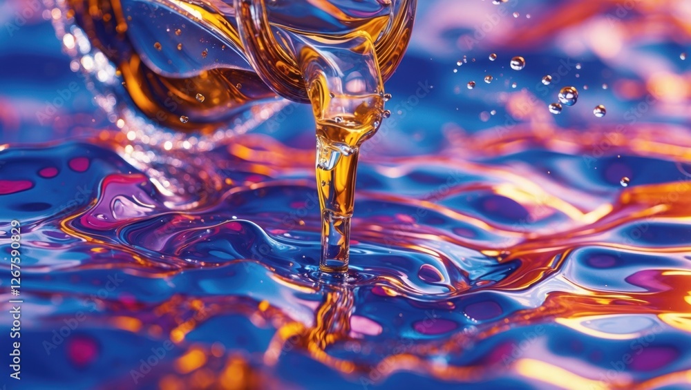 Poster liquid pouring from a glass creating vibrant ripples on colorful water surface with dynamic reflecti