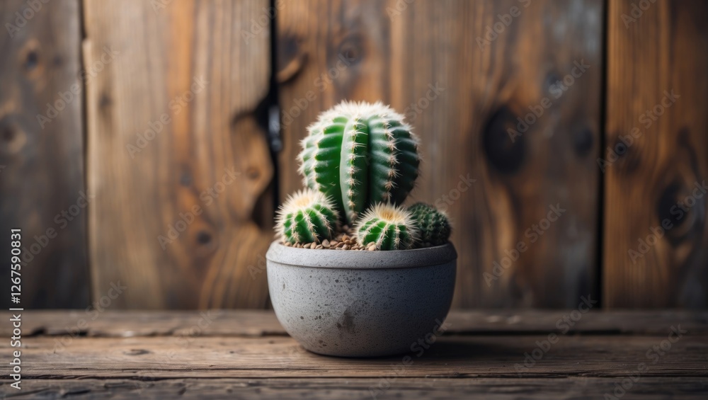 Poster cactus succulent in round gray pot on wooden table with rustic background for natural and botanical 