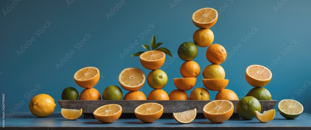 Poster colorful pyramid of citrus fruits displayed on a blue background with freshly cut halves and empty s