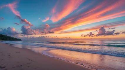 Stunning Sunset Over Serene Beach with Waves, Lush Forest, and Colorful Clouds Creating a Beautiful Coastal Panorama.