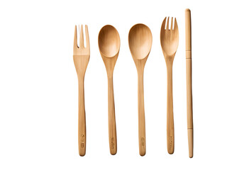 Elegant Bamboo Cutlery: Two Spoons, Two Forks, and a Spatula.  Eco-friendly and stylish kitchenware, Generative AI.