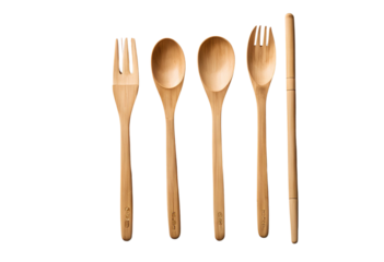 Elegant Bamboo Cutlery: Two Spoons, Two Forks, and a Spatula.  Eco-friendly and stylish kitchenware, Generative AI.