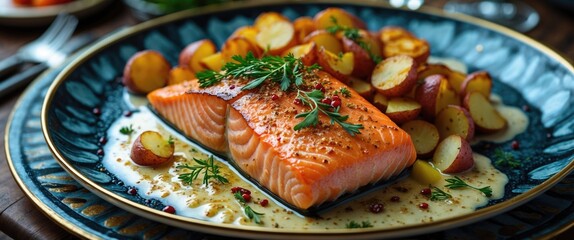 Delicious baked salmon filet with fried potatoes garnished served on an elegant plate showcasing culinary artistry and gourmet presentation.