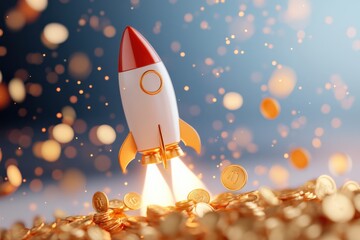 rocket launching on pile of coins with bokeh lights