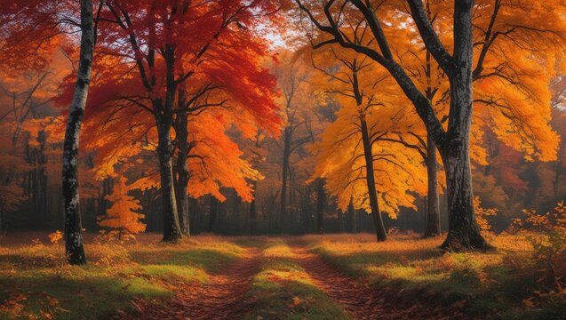 Vibrant autumn forest landscape with colorful foliage and serene pathway inviting exploration during the early days of the season.