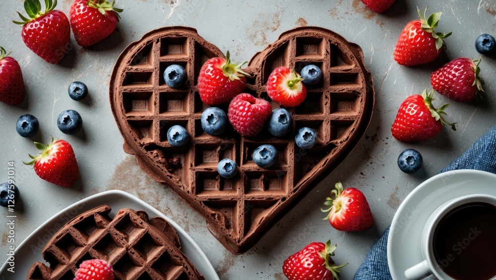Poster heart-shaped chocolate waffles topped with berries on rustic table breakfast setting with cup of cof