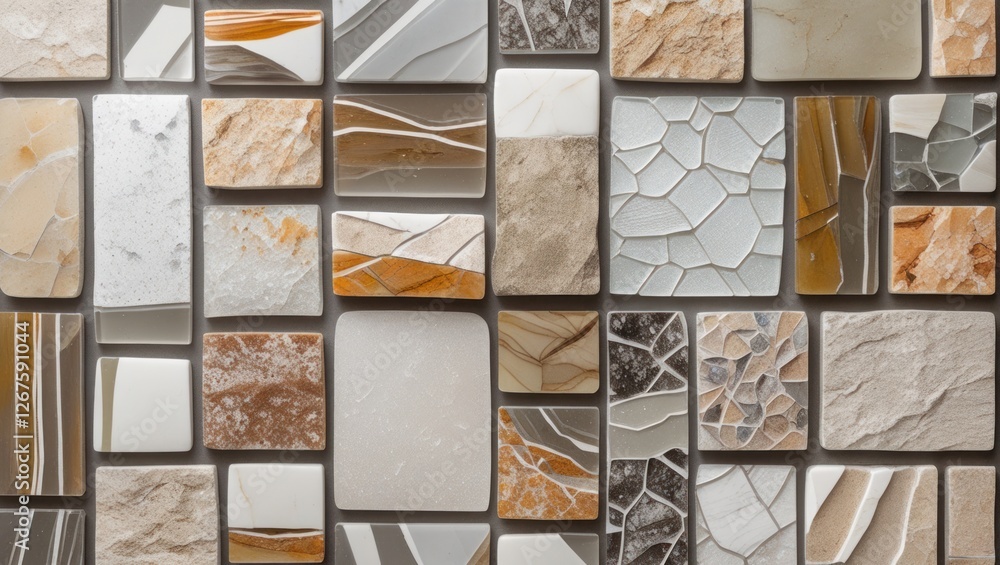 Poster quartz mosaic stone texture featuring a variety of beige white and gray patterned tiles arranged sea