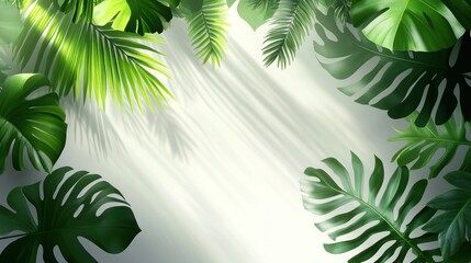 Fototapeta premium Sunlight through tropical leaves, white background, nature backdrop, design element