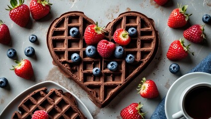 Heart-Shaped Chocolate Waffles Topped With Berries On Rustic Table Breakfast Setting With Cup Of Coffee And Space For Text