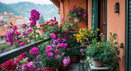Vibrant Balcony Garden with Colorful Flowers and Scenic Mountain View