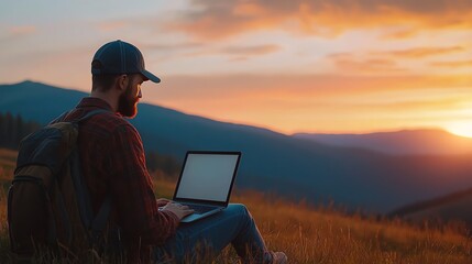 A person working on a laptop in a tranquil outdoor setting during sunset, blending technology with nature.