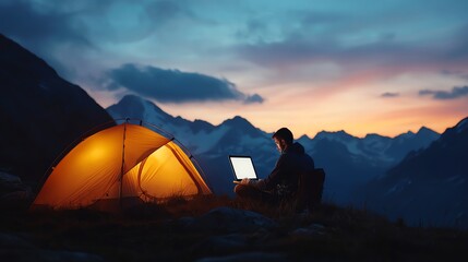 A person working on a laptop near a glowing tent under a sunset in a beautiful mountain landscape, blending nature and technology.