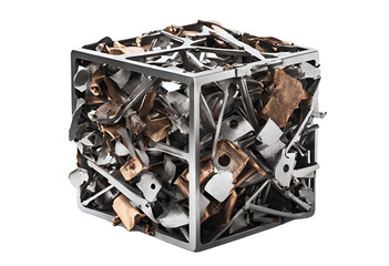 Fototapeta premium A mesmerizing cube overflowing with metallic scraps, a captivating blend of silver and bronze hues against a stark black backdrop. Intriguing industrial art, Generative AI.