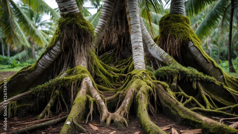 Poster large intertwined tree roots covered in moss with palm trees in the background featuring abundant gr