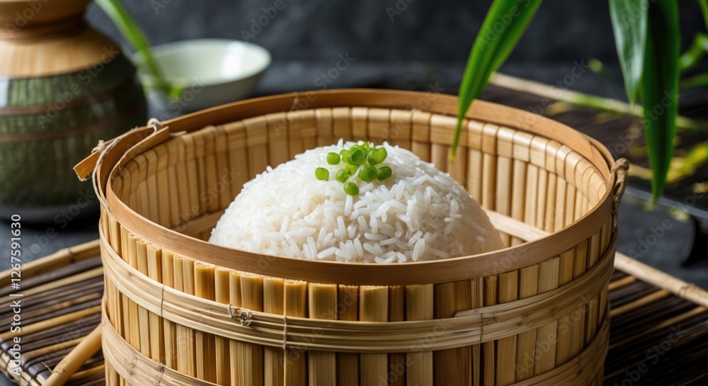 Poster bamboo basket with sticky rice garnished with herbs on a rustic table setting with space for text an