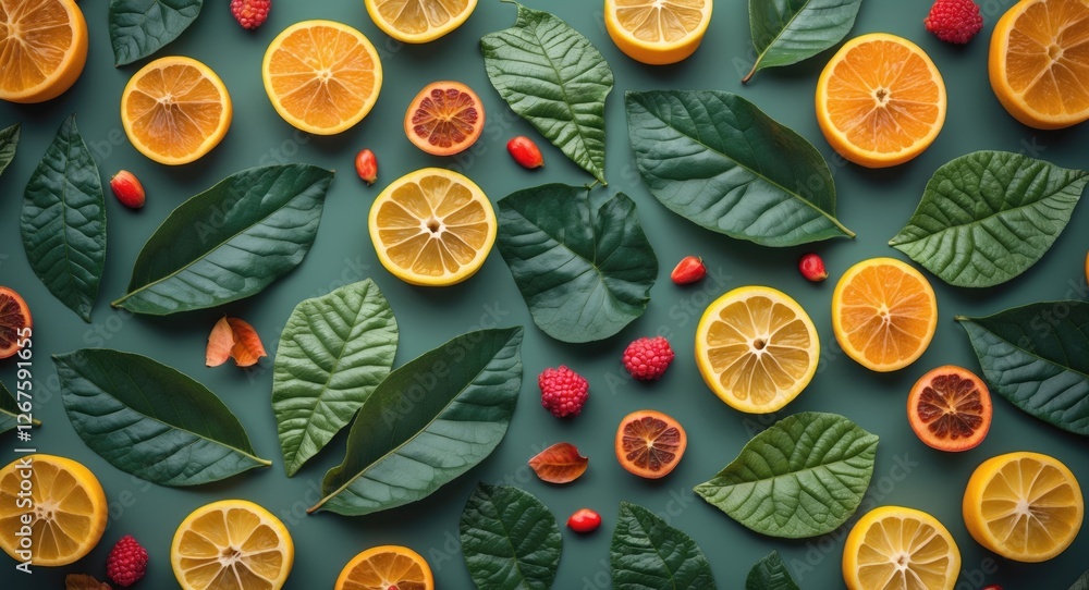 Poster vibrant flat lay of citrus fruits and green leaves on a textured background with ample copy space fo