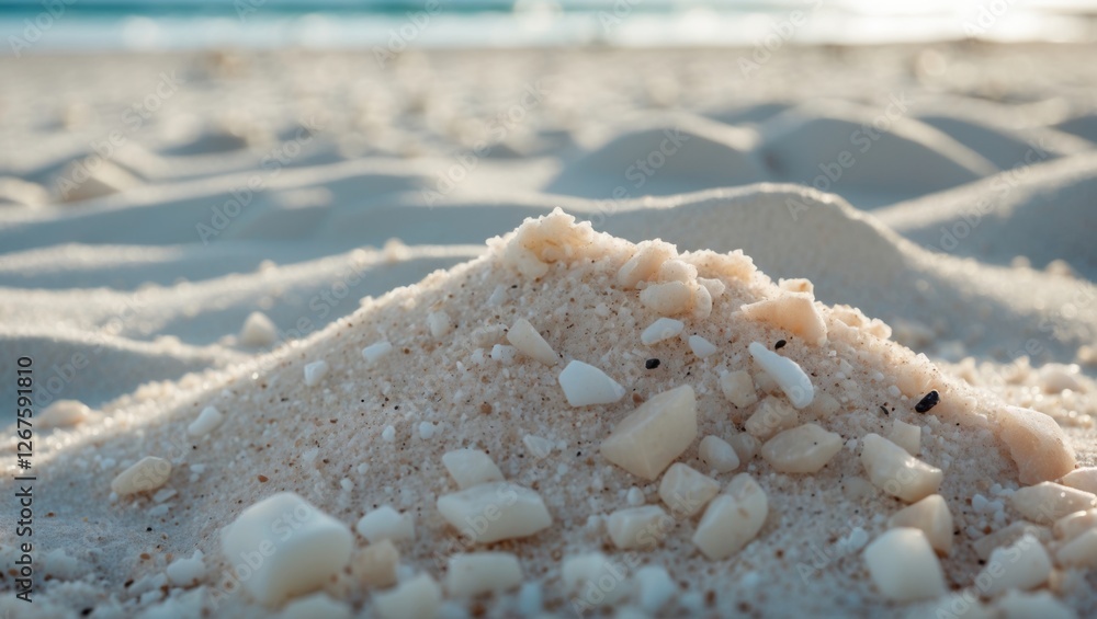 Poster close-up view of sandy beach with small pebbles and shells on the surface warm sunlight shining in b
