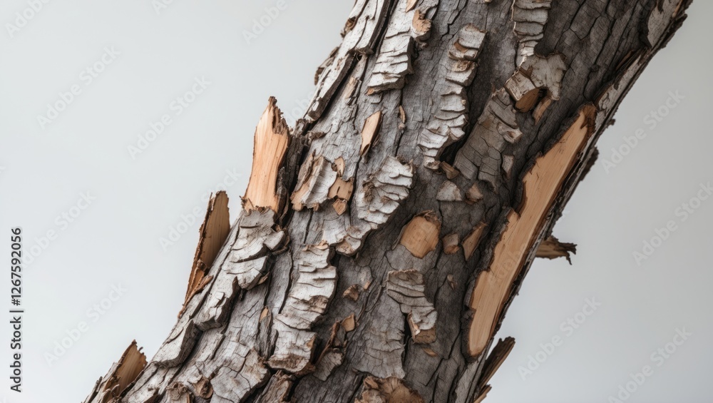 Poster textured close-up of rough tree bark with visible peeling sections and natural patterns on a light b