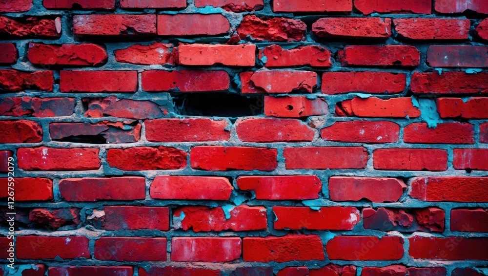 Poster red brick wall with chipped and weathered bricks showing signs of aging and missing sections suitabl