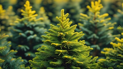 Green coniferous trees close up in a forest with fresh new growth and blurred background for natural themes Copy Space