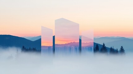 Ethereal sunrise reflection mountain range digital art misty landscape aerial view serenity concept