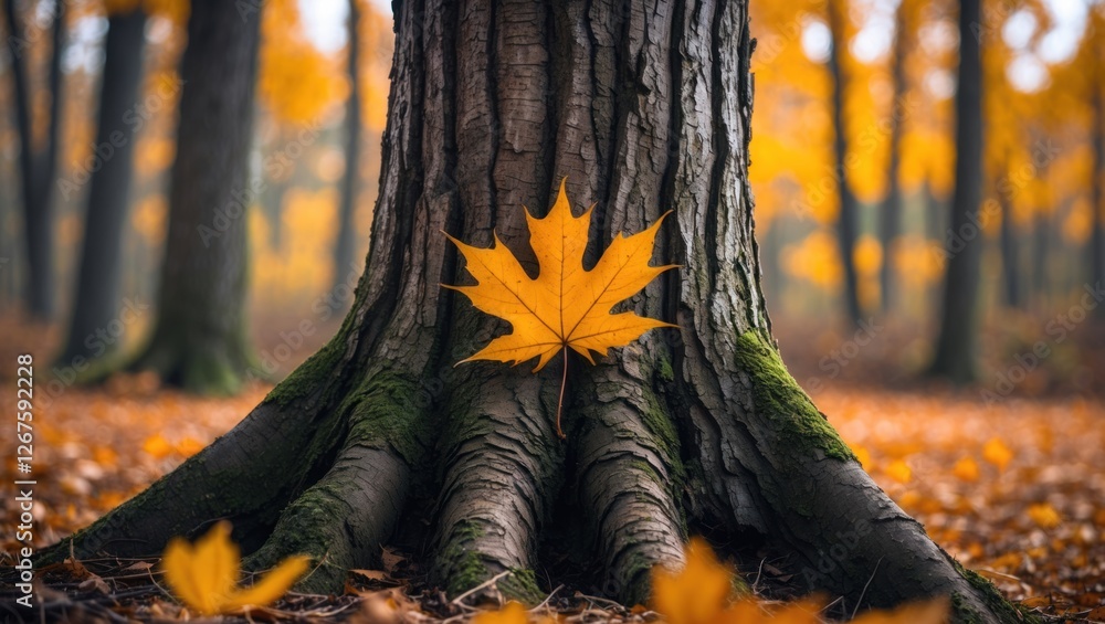 Poster autumn scene featuring a close-up of a tree trunk with a large yellow maple leaf resting on its root