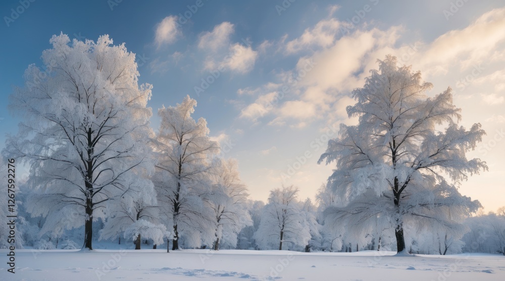 Poster frost-covered trees in a winter landscape under a cloudy sky with snow on the ground and soft light 