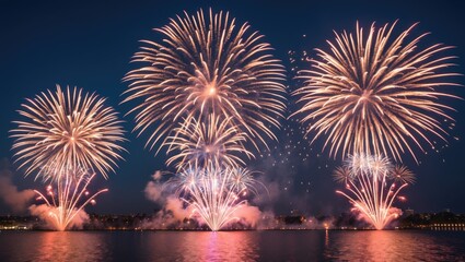 Vibrant Night Sky Illuminated by Spectacular Fireworks Display Over Calm Water