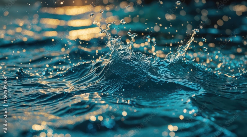Poster water splash with reflections and bokeh effect in tranquil blue tones ideal for backgrounds or overl