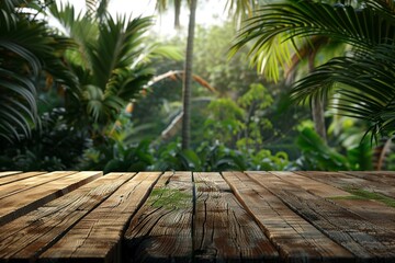 3D wooden table with a tropical forest or garden background for product placement
