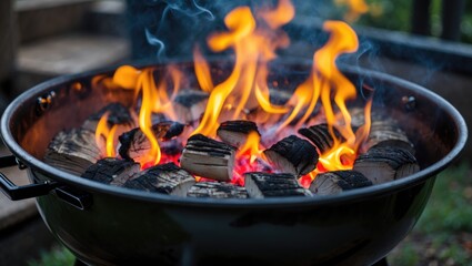 Barbecue Kettle Filled With Charcoal And Flames Ready For Grilling Outdoors