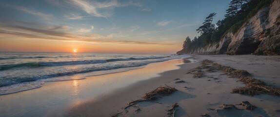 Tranquil Evening Beach Scene with Gentle Waves and Sunset Over Sandy Shoreline Ideal for Text Overlay and Relaxation Themes