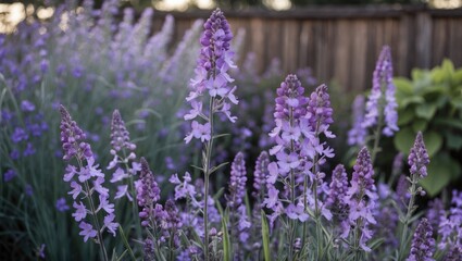 Naklejka premium Vibrant Purple Flowering Plants in a Serene Backyard Garden Setting