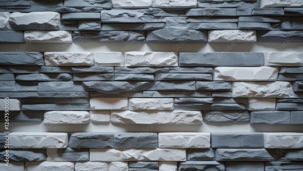 Poster textured wall with gray and white stone bricks arranged in a modern pattern suitable for interior de