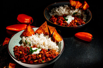 Delicious Chili con Carne, Food Photography, Rice, Paprica, Mexican Cuisine