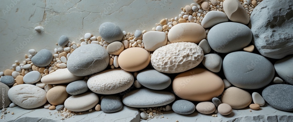 Poster collection of various smooth pebbles and stones in neutral colors with textured surfaces and copy sp