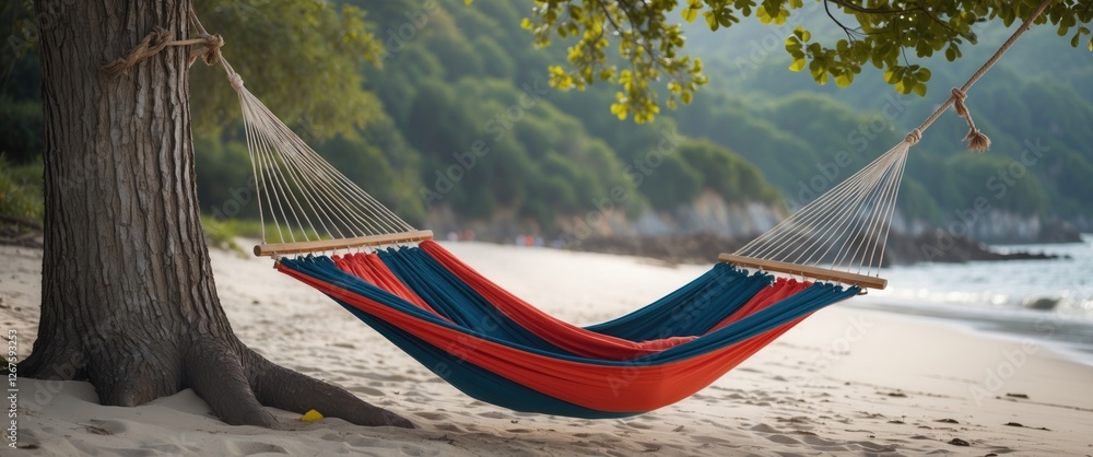 Aufkleber serene beach hammock resting between trees with tranquil ocean background and space for inspirationa
