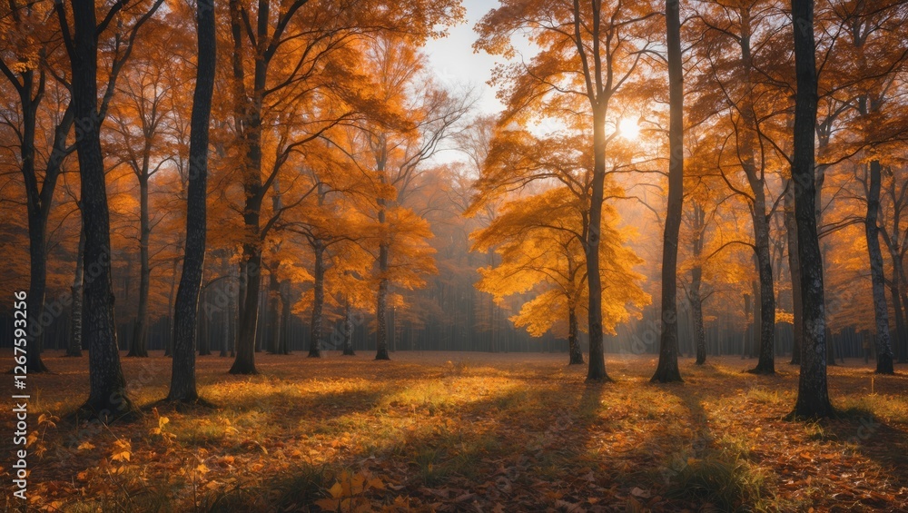 Poster autumn forest scene with golden trees bathed in soft light ideal for nature themes and text overlays