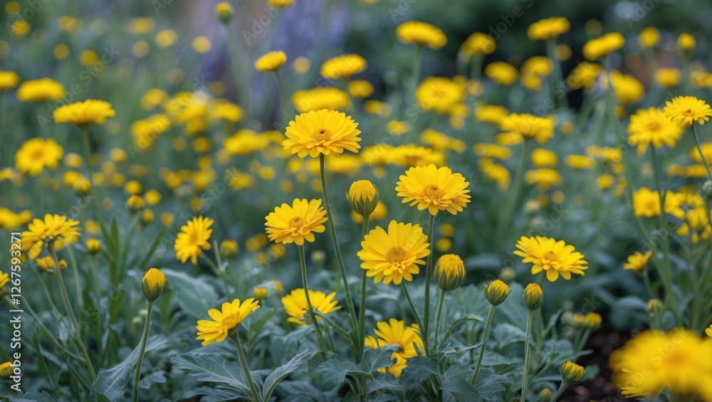 Poster vibrant yellow flowers in a lush garden setting with a soft focus background and copy space for text