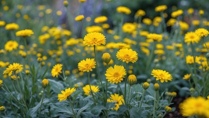 Obraz premium Vibrant yellow flowers in a lush garden setting with a soft focus background and Copy Space for text placement
