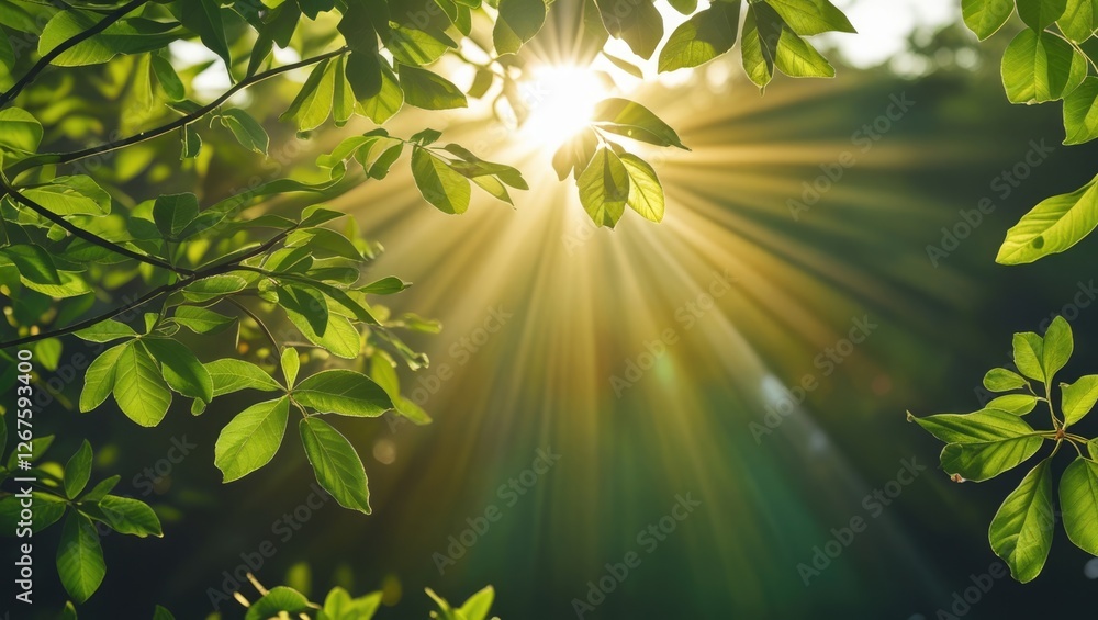 Poster sunlight filtering through green leaves creating a serene atmosphere with rays illuminating nature i